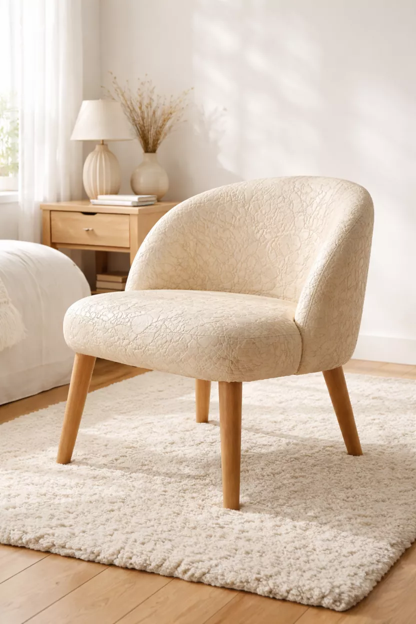 A realistic photo of a chair upholstered in cream colored mycelium mushroom leather with a unique organic texture, sitting on a natural wool rug in a bright bedroom corner.