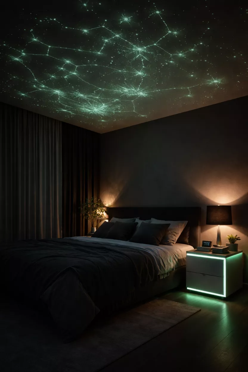 A realistic photo of a dark bedroom with subtle glowing green phosphorescent patterns on the ceiling mimicking a star map, and thin glowing strips along the edges of a modern white nightstand.