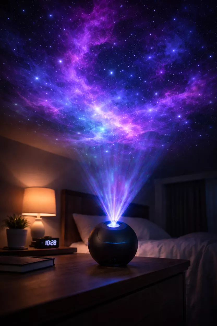 A realistic photo of a small black spherical holographic projector on a nightstand, casting a vivid purple and blue galaxy nebula display onto a dark bedroom ceiling with glowing stars.