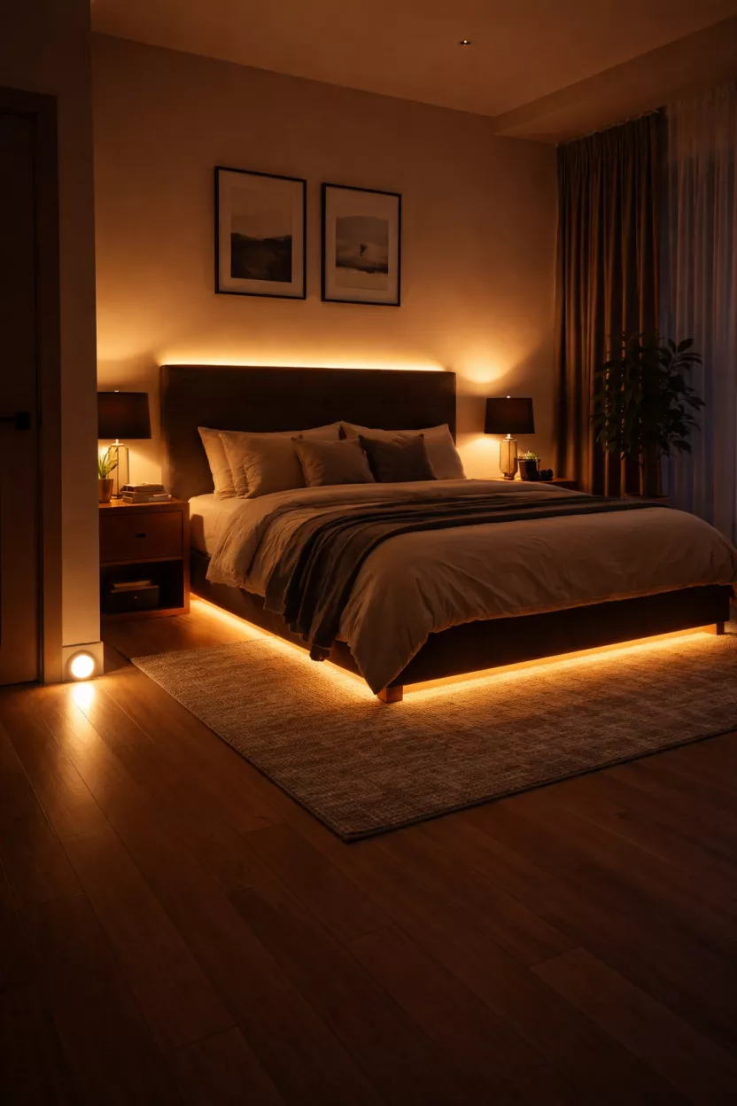 A realistic photo of a bedroom with warm dimmable led strip lights under the bed frame and behind the headboard, with a sleek motion sensor light on the floor near the door.