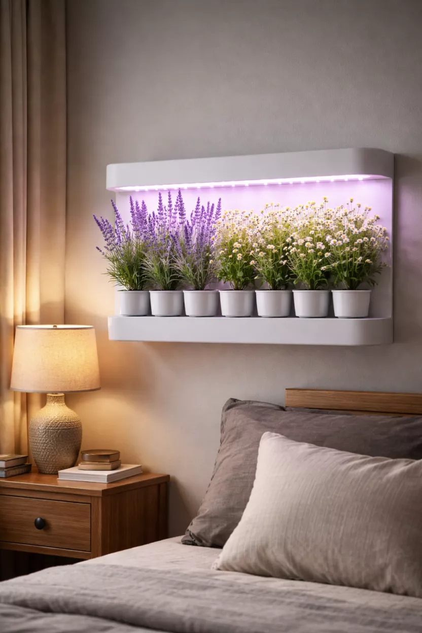 A realistic photo of a wall mounted white hydroponic herb garden with glowing purple led grow lights, featuring fresh lavender and chamomile plants growing in small pods next to a bed.