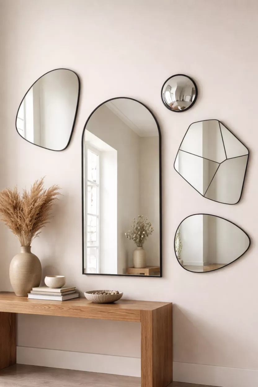 A realistic photo of a gallery wall with five irregular shaped mirrors including a large arched mirror, a small convex round mirror, and a fragmented geometric mirror, all with thin black metal frames.