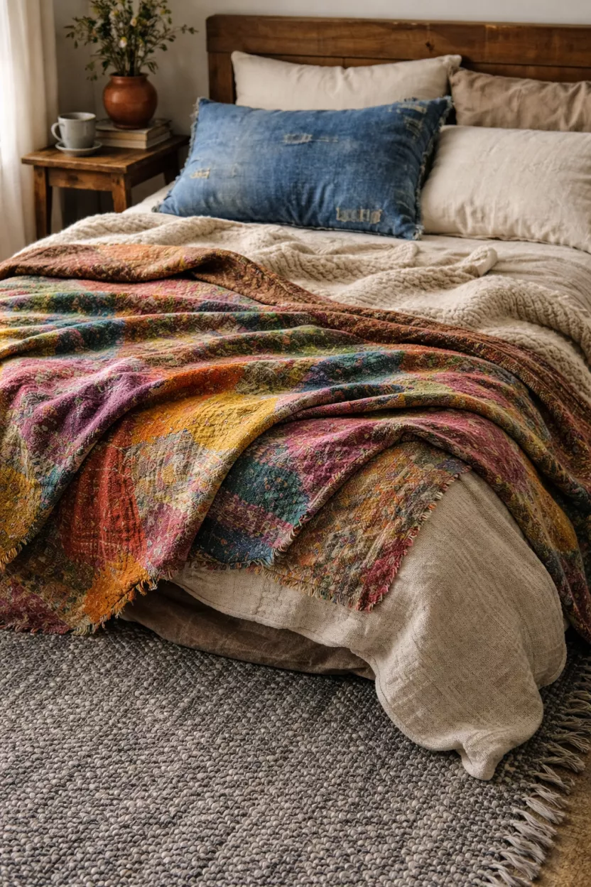 A realistic photo of a bed layered with several textured blankets including a colorful woven vintage sari throw, a distressed blue denim pillow, and a thick grey recycled plastic fiber rug on the floor.