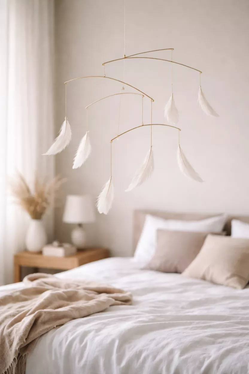 A realistic photo of a modern ceiling mobile made of thin brass rods and small white feathers, hanging above a bed and moving gently in the air.