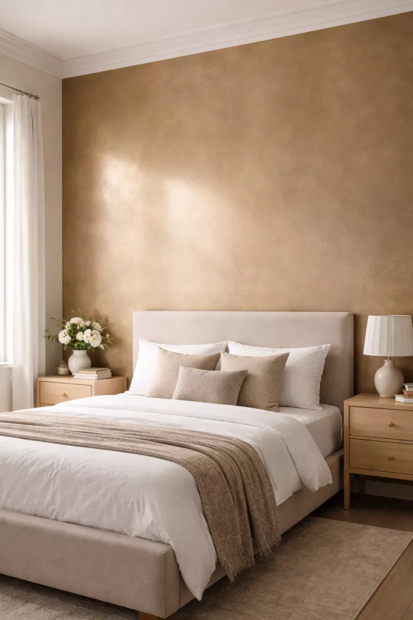 A realistic photo of a bedroom accent wall with brushed champagne metallic paint, catching the light from a nearby window, paired with a simple beige upholstered bed frame.