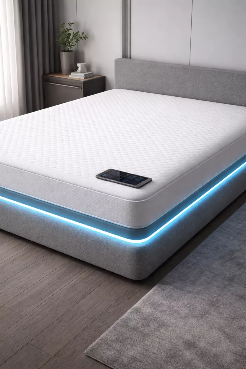 A realistic photo of a sleek white smart mattress with integrated glowing blue led light strips along the base, showing a smooth quilted surface and a thin grey control tablet resting on the corner.