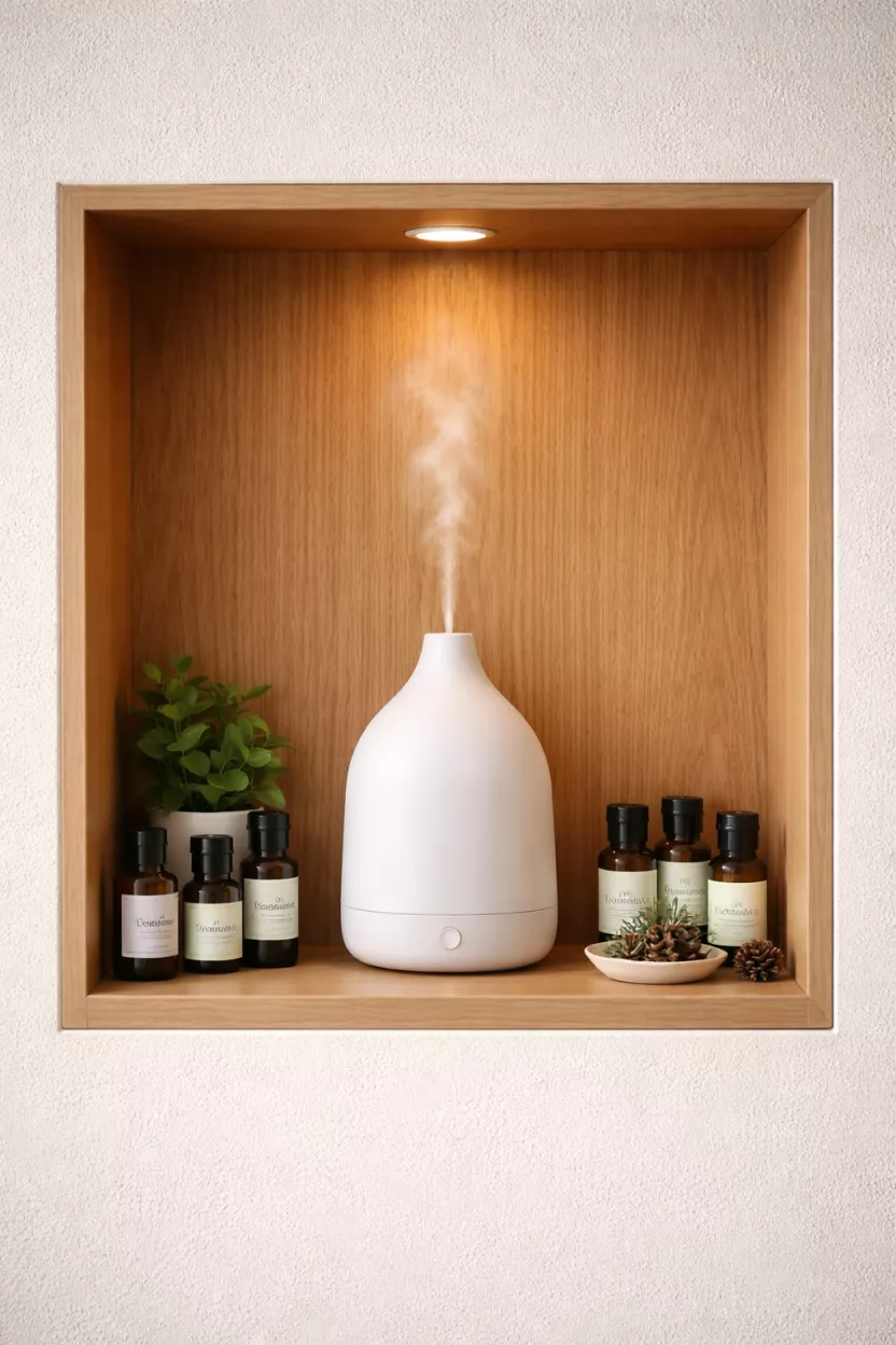 A realistic photo of a built-in recessed wood wall niche containing a sleek white ultrasonic oil diffuser with a thin stream of mist, surrounded by small glass bottles of essential oils.