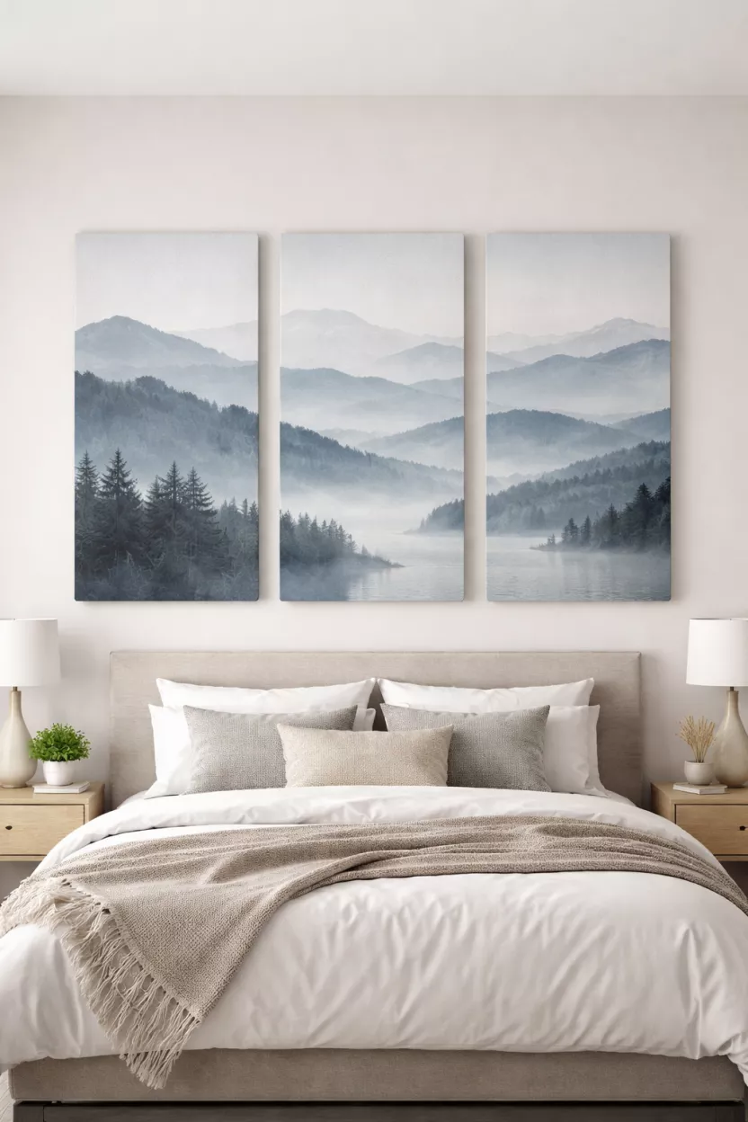 A realistic photo of three rectangular acoustic wall panels with a mountain landscape print in soft blue and grey tones, mounted behind a bed to serve as a functional art piece.