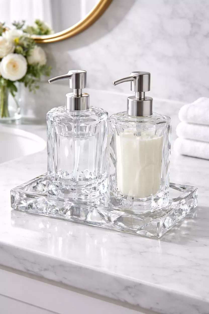 A realistic photo of clear faceted crystal soap dispensers and a matching tray on a white marble countertop.