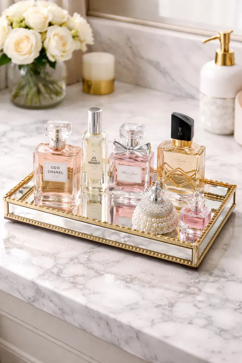 A realistic photo of a mirrored vanity tray holding perfume bottles on a marble bathroom countertop.