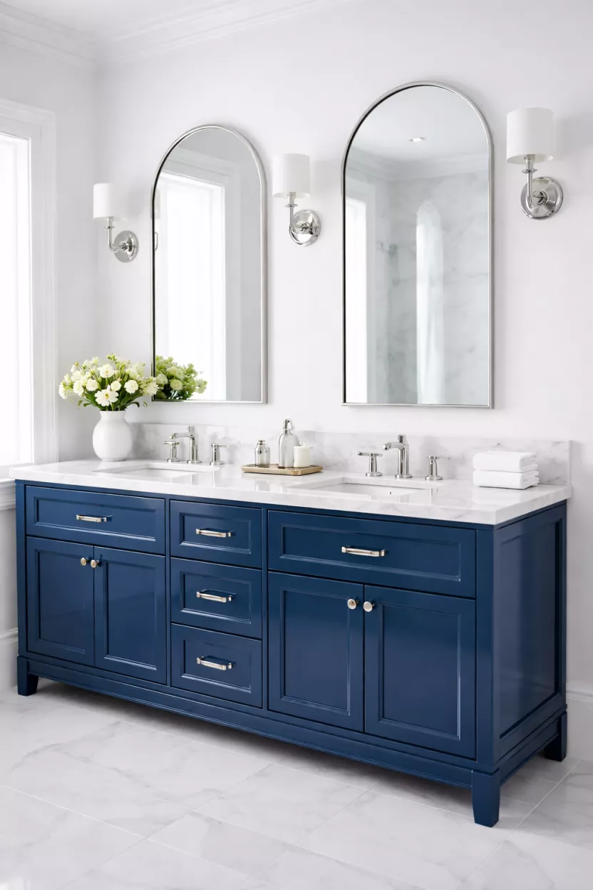 A realistic photo of a double sink vanity with a white marble top and navy blue high gloss lacquer finish in a bright bathroom.