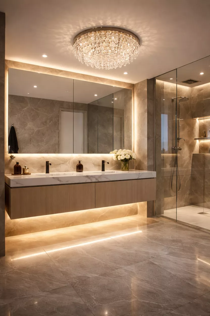A realistic photo of a luxury bathroom with LED strip lighting under the floating vanity and a crystal light fixture on the ceiling.