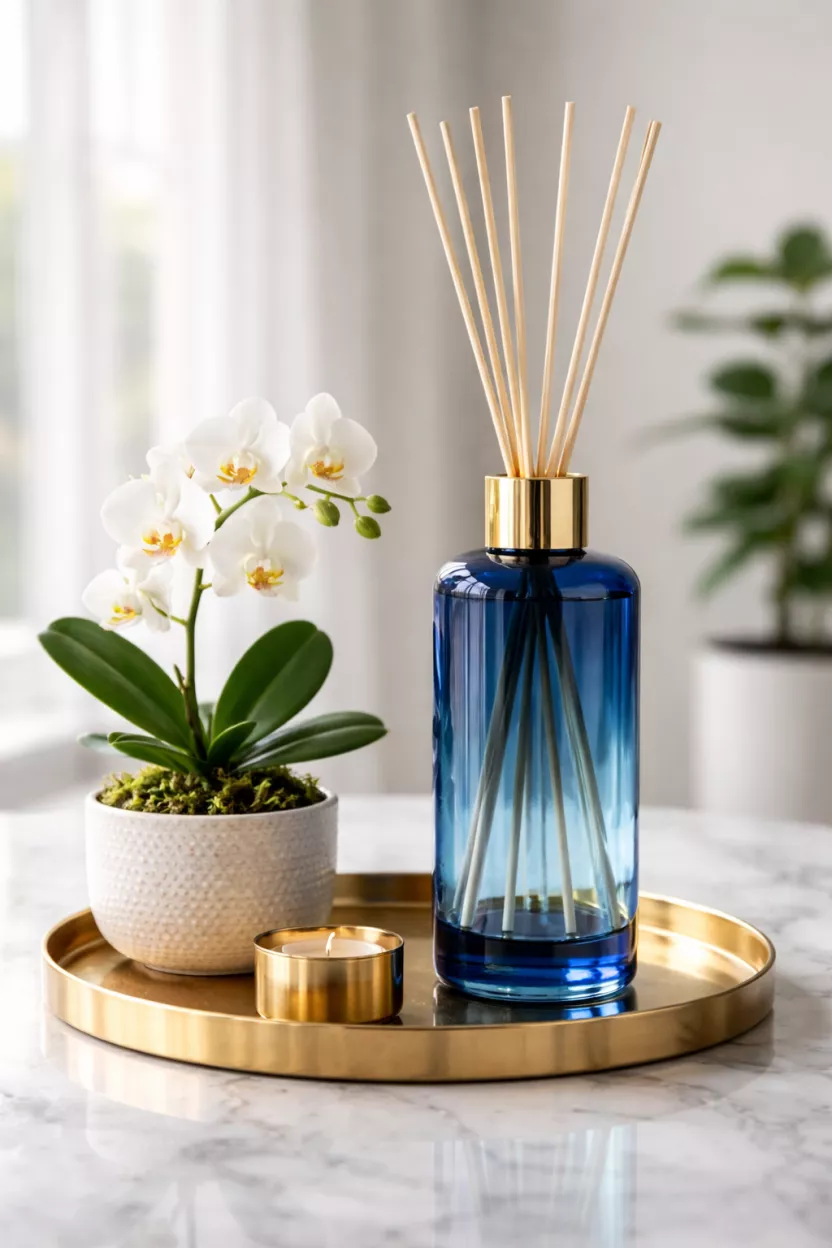 A realistic photo of a tall reed diffuser in a blue glass vessel sitting on a gold tray next to a small orchid.