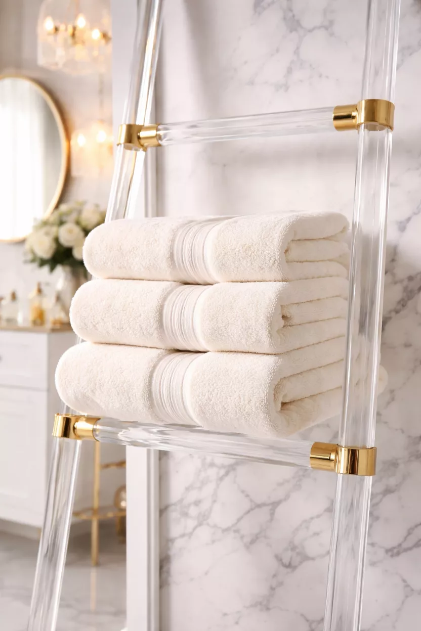 A realistic photo of plush ivory turkish cotton towels folded neatly on an acrylic towel ladder in a modern glam bathroom.