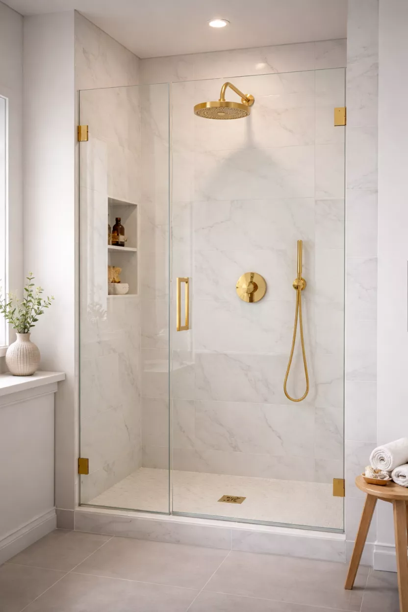 A realistic photo of a frameless glass shower enclosure with a gold handle and a large gold rain shower head.