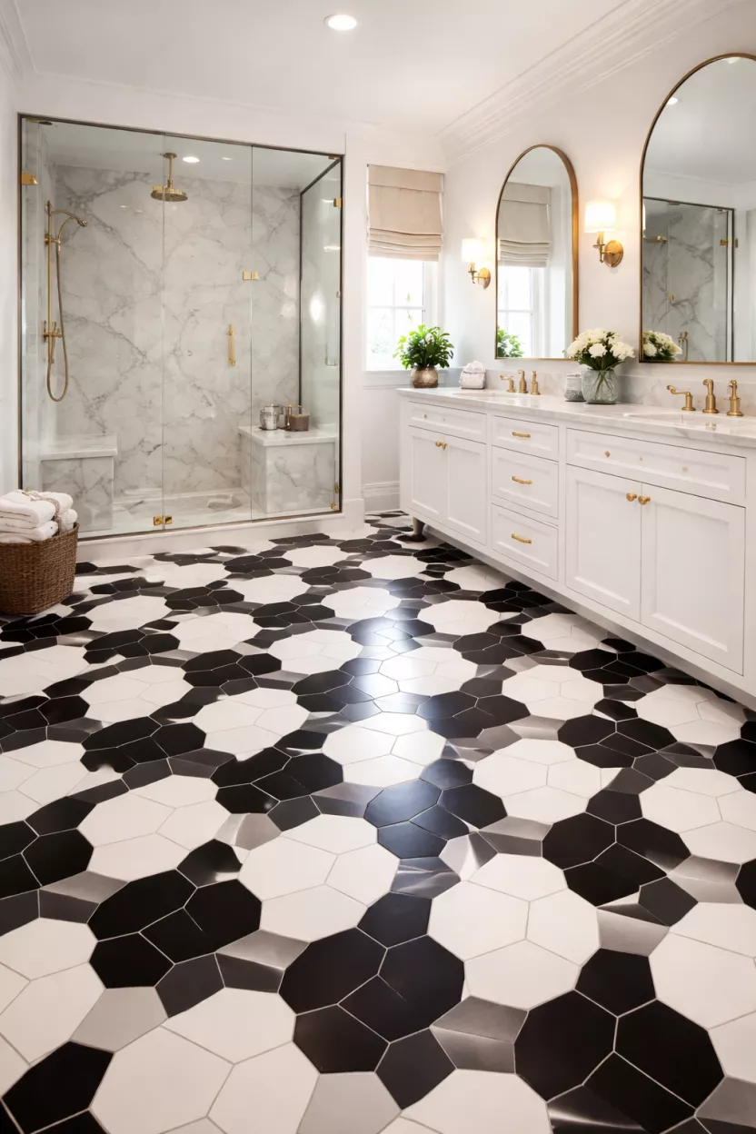 A realistic photo of black and white hexagon floor tiles in a geometric pattern inside a luxury bathroom with a glass shower.
