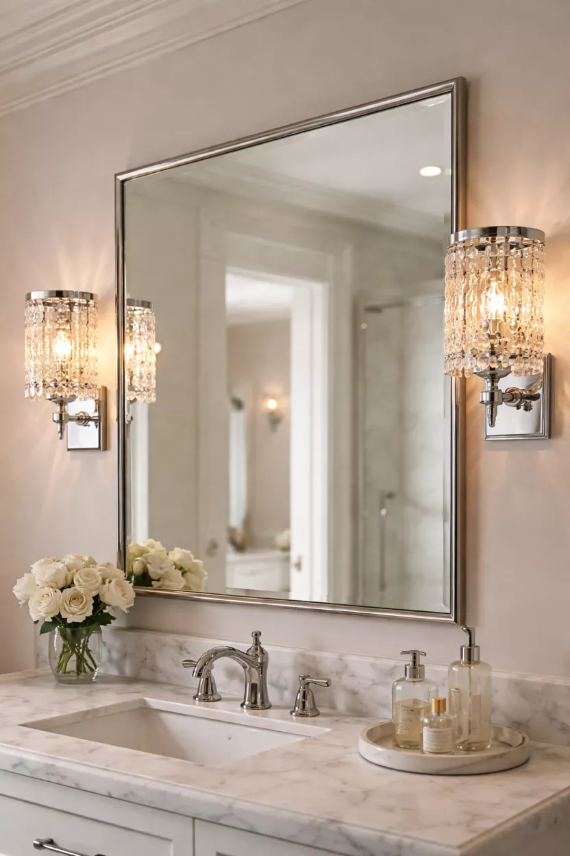 A realistic photo of crystal wall sconces with chrome bases mounted on each side of a bathroom mirror, glowing with warm light.