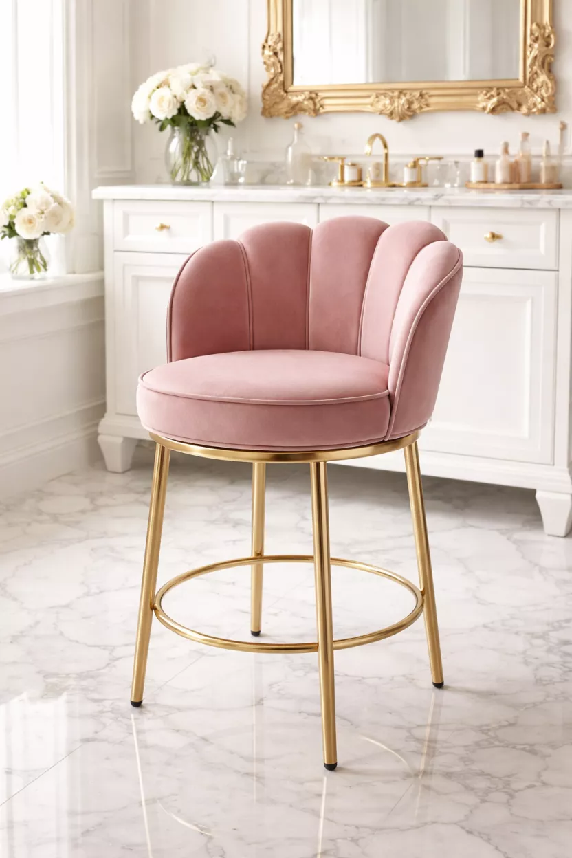 A realistic photo of a blush pink velvet vanity chair with a gold frame in a bright white powder room with marble floors.