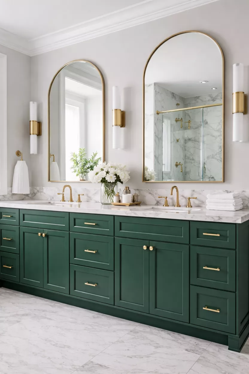 A realistic photo of deep emerald green cabinetry in a bathroom with gold hardware and a white marble countertop.
