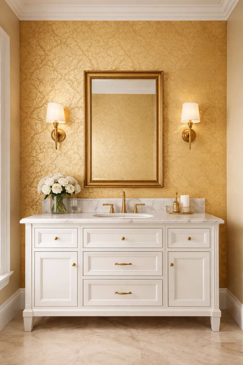 A realistic photo of gold leaf wallpaper with a subtle damask pattern on a single accent wall behind a white bathroom vanity.