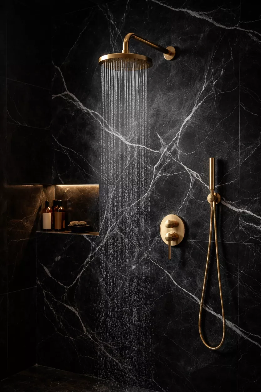 A realistic photo of a black marble shower wall with white veining and a gold rain shower head in a moody bathroom.