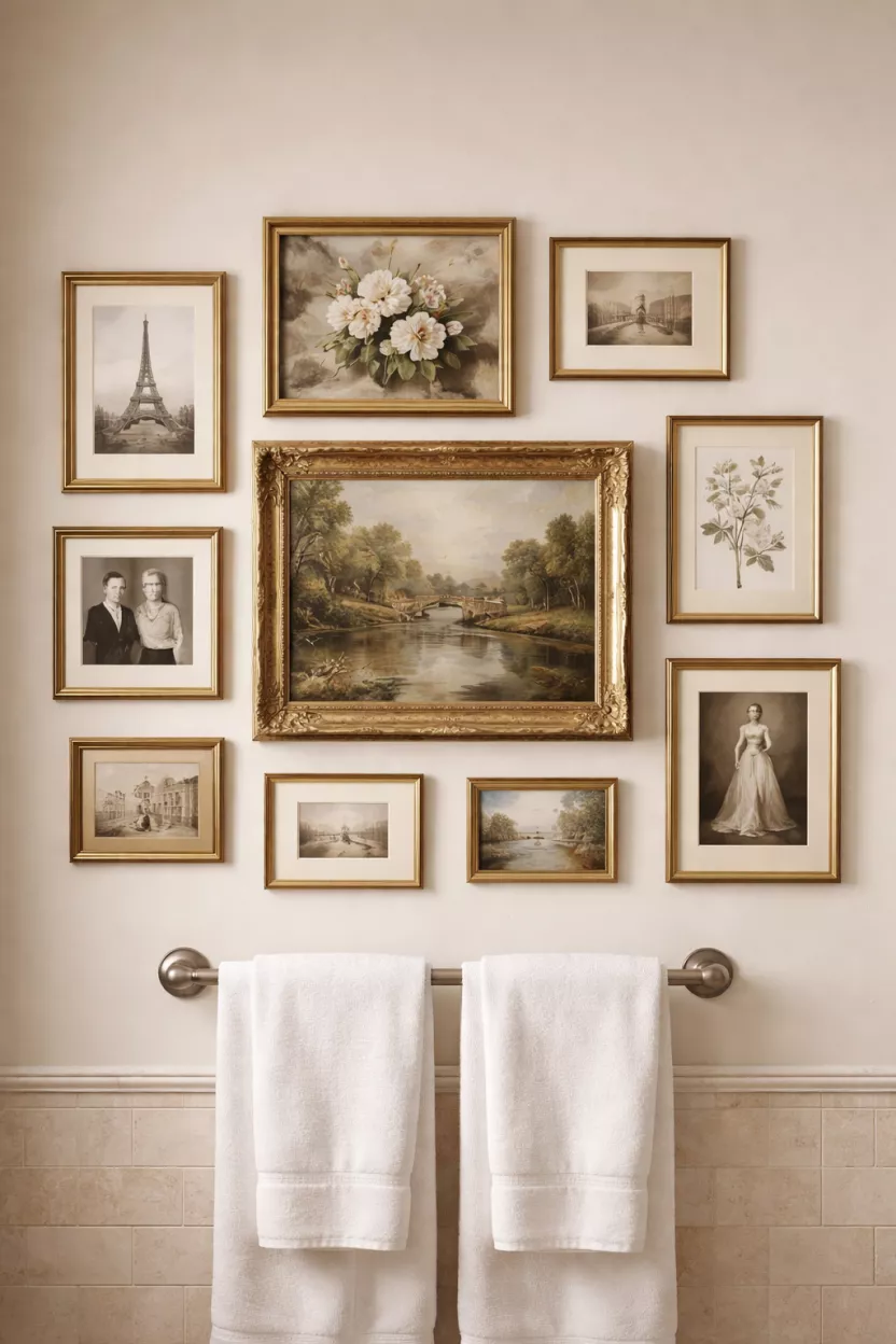 A realistic photo of a gallery wall with gold framed art and vintage black and white photos arranged above a bathroom towel rack.