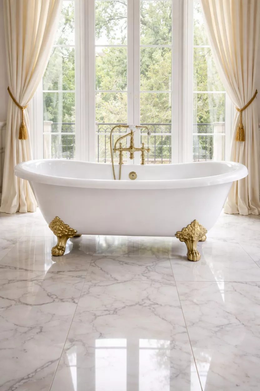 A realistic photo of a white cast iron clawfoot tub with ornate gold feet placed in a bathroom with marble floors and large windows.