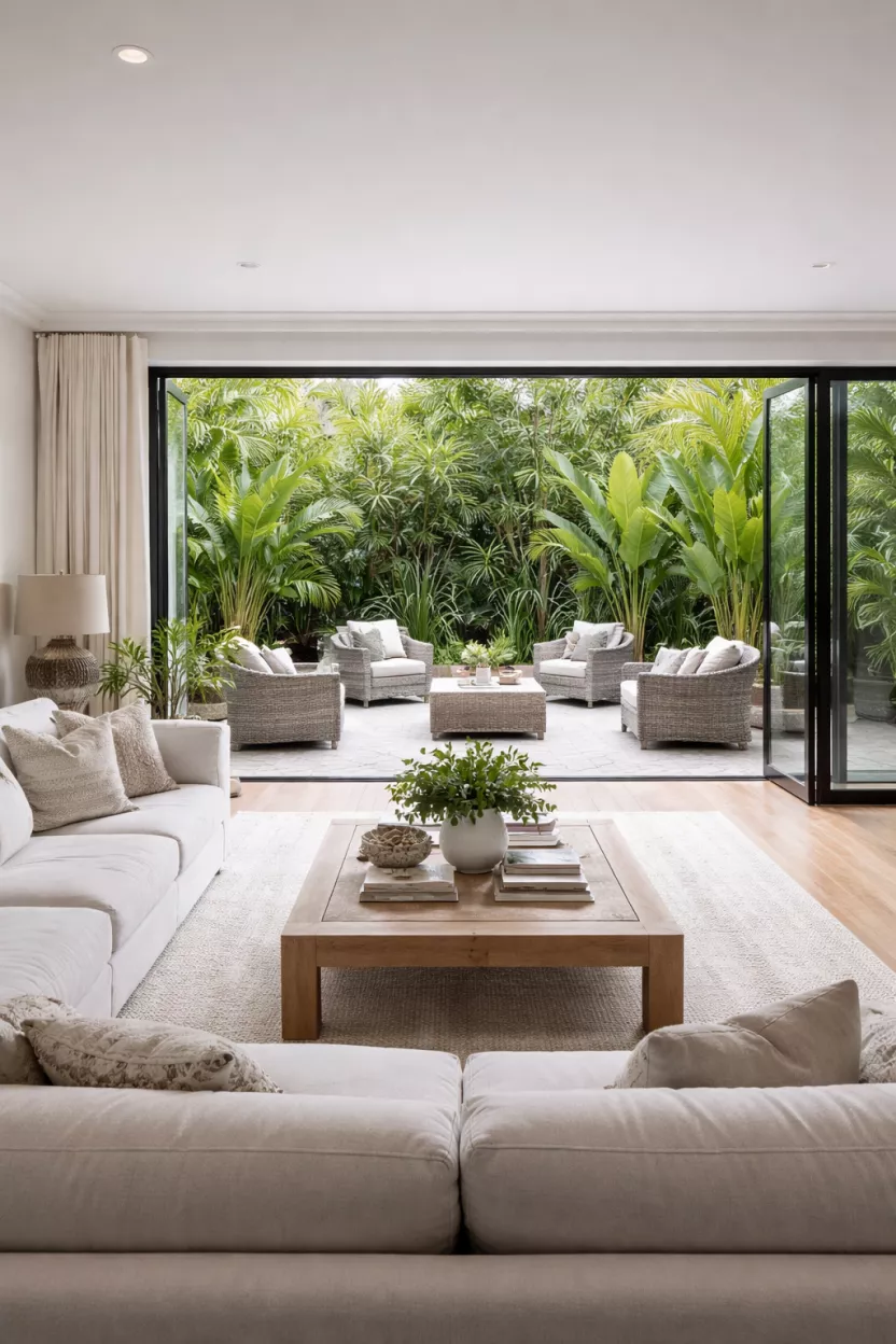 A realistic photo of a living area with a large open glass wall leading to a patio with grey weatherproof wicker chairs and lush green tropical plants in tall pots.