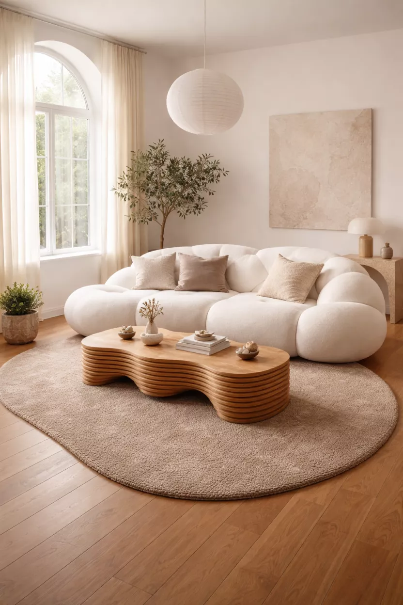 A realistic photo of a living room with an irregular white blob sofa and a wavy wooden coffee table, featuring a large pebble shaped rug in light brown on a hardwood floor.