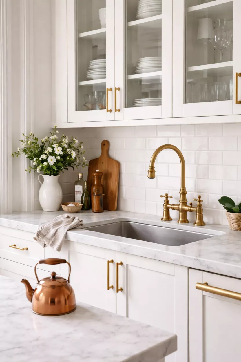 A realistic photo of a kitchen with brushed gold cabinet handles and an antique brass kitchen faucet, accessorized with a small copper kettle on a white marble countertop.