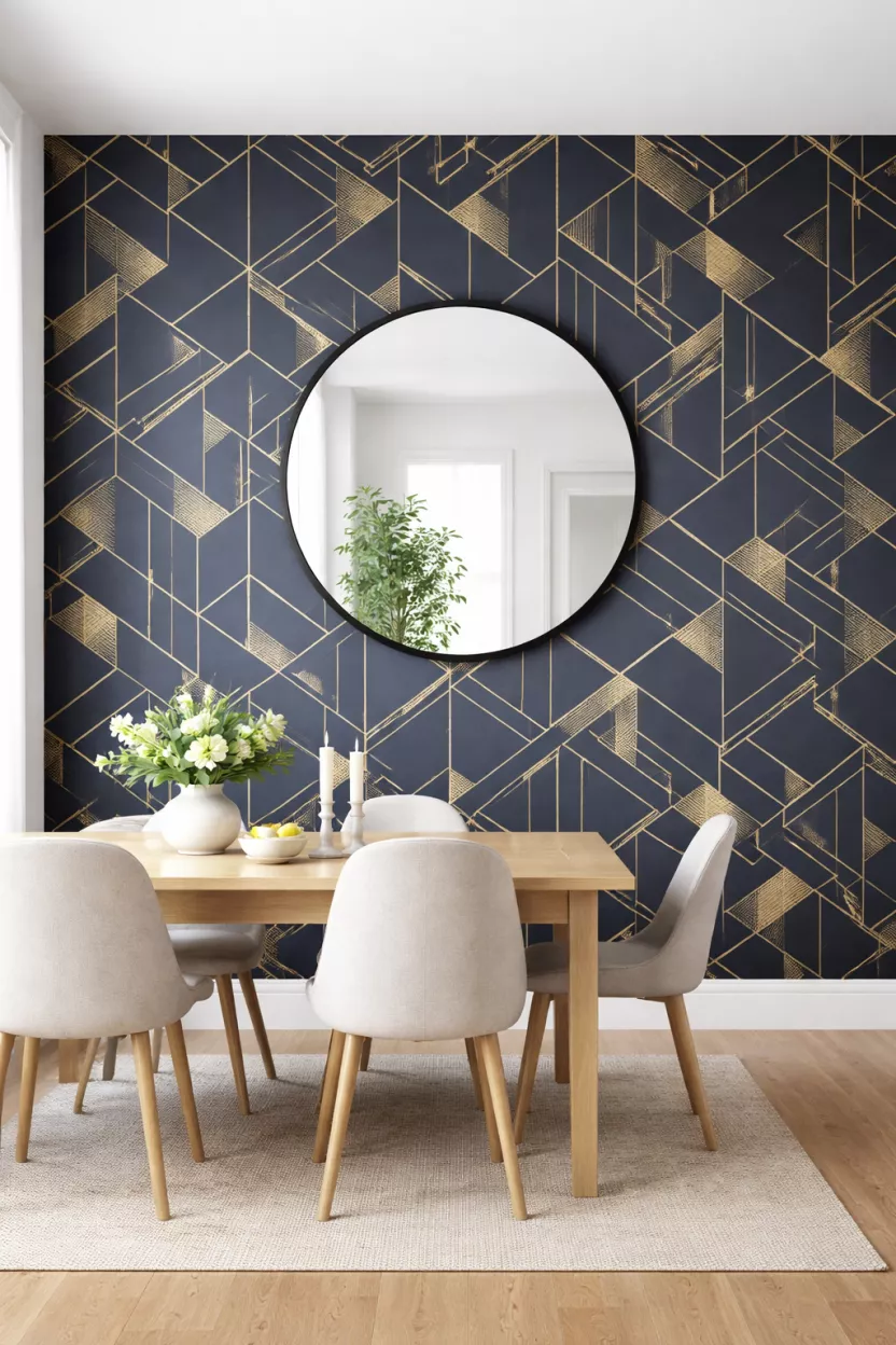 A realistic photo of a dining room wall covered in navy and gold geometric wallpaper, featuring sharp angles and triangles, complemented by a large black metal framed mirror and light wood flooring.