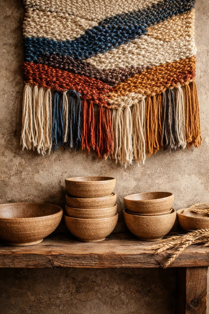 A realistic photo of a rustic wooden shelf displaying a collection of textured tan ceramic bowls and a hand-woven colorful tapestry wall hanging with blue and red threads.