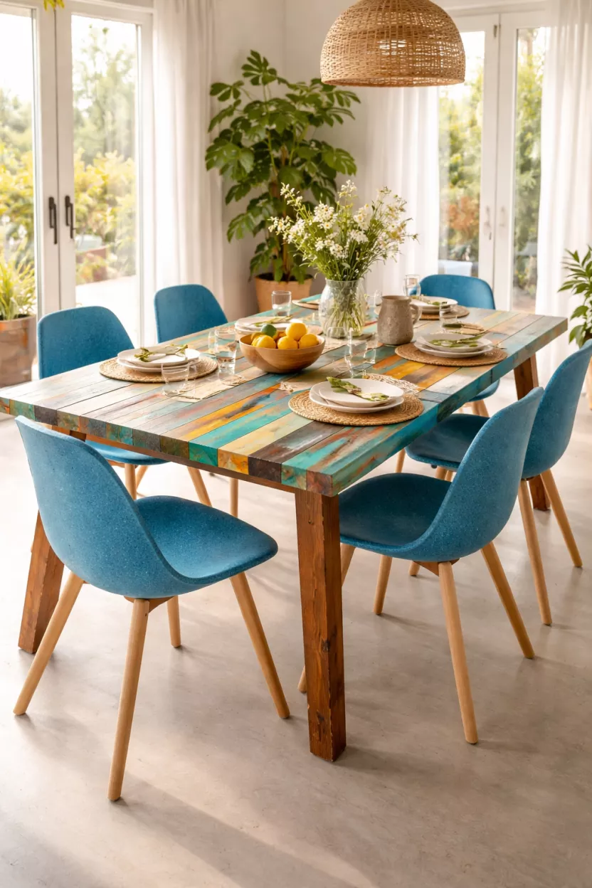 A realistic photo of a dining table made from colorful salvaged wood pieces and blue chairs made from recycled ocean plastic, set in an airy, sunlit room.