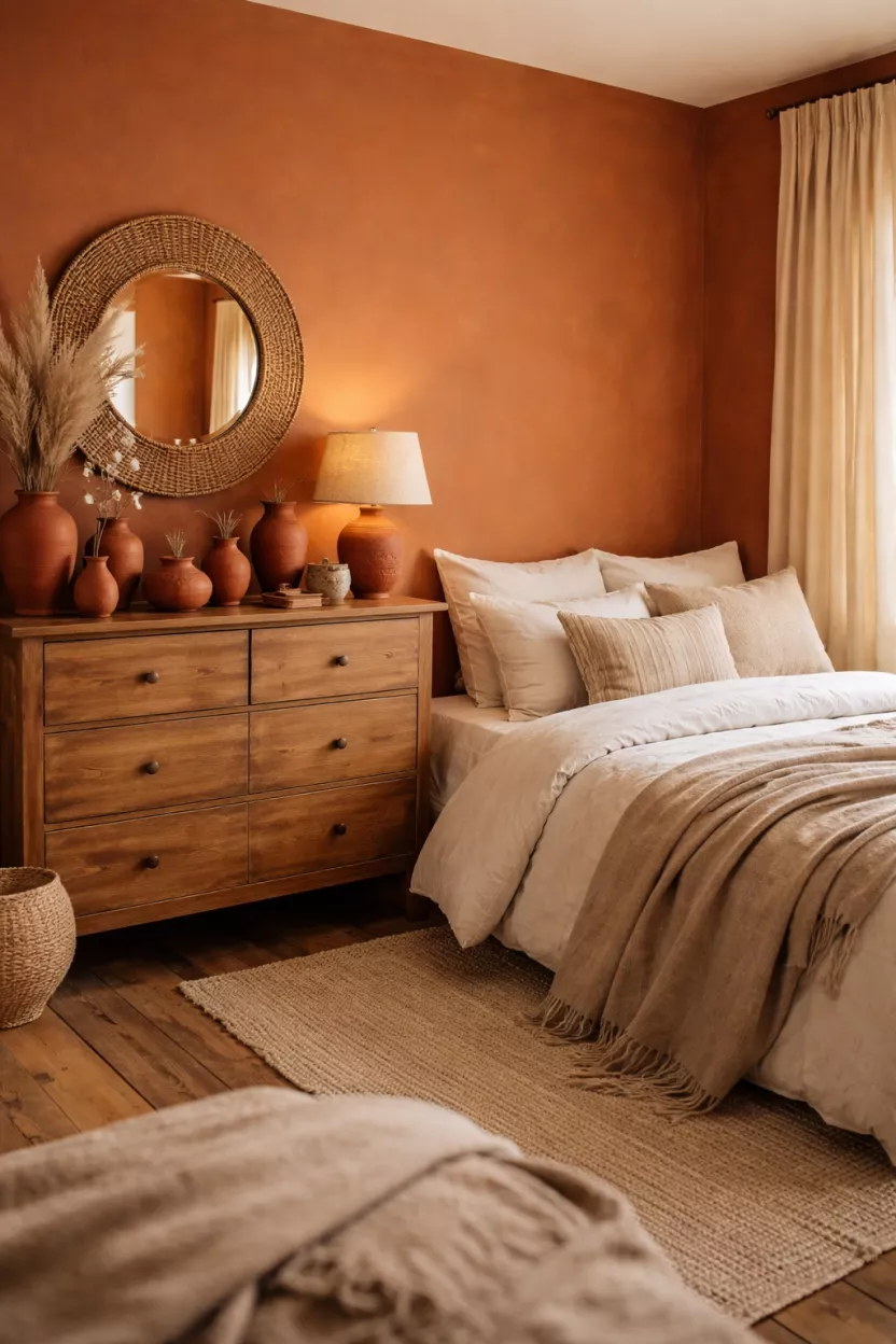 A realistic photo of a cozy bedroom with burnt orange terracotta painted walls, featuring several handmade red clay pottery vases on a wood dresser and neutral beige linen bedding.
