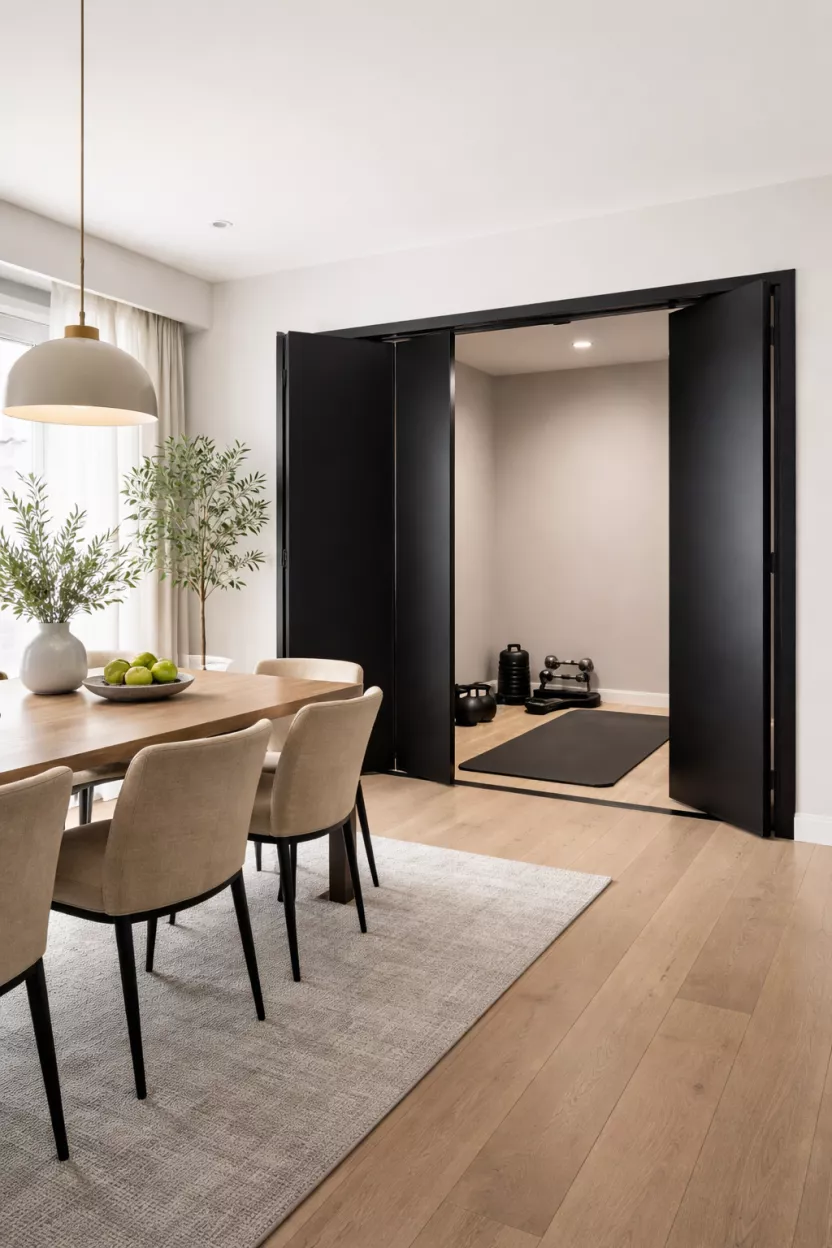 A realistic photo of a modern dining room featuring a sleek black foldable partition screen that reveals a small home gym area with a black yoga mat and a set of silver dumbbells.