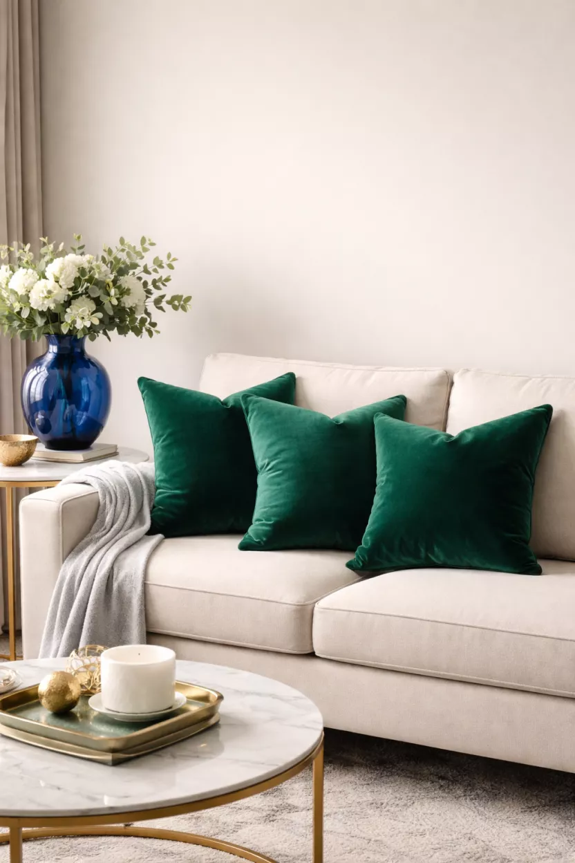 A realistic photo of a living room sofa decorated with emerald green velvet throw pillows and a sapphire blue glass vase on a side table, set against a neutral cream background.