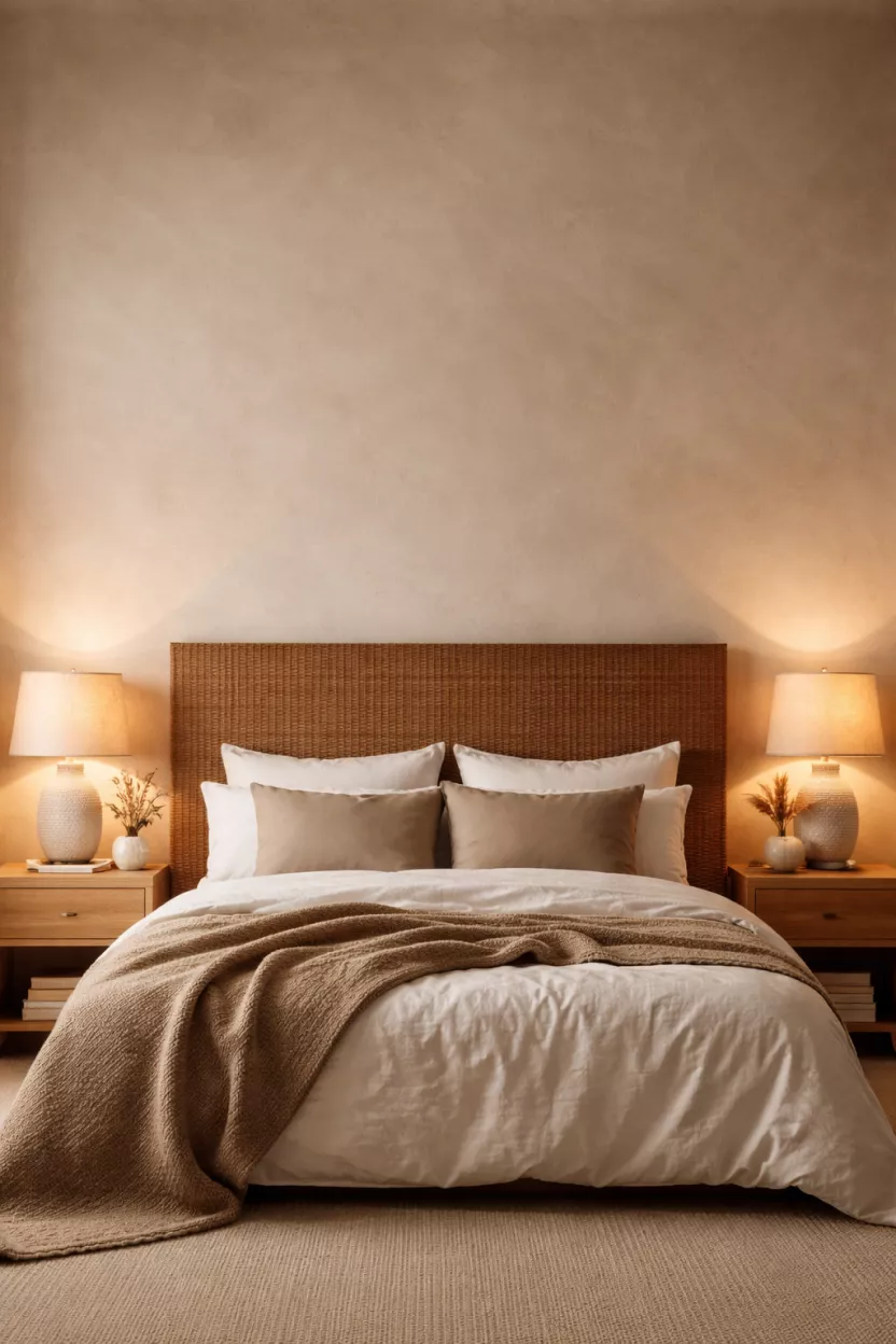 A realistic photo of a bedroom wall with a soft beige limewash finish, showing subtle matte textures, paired with a brown woven grasscloth headboard and warm bedside lighting.
