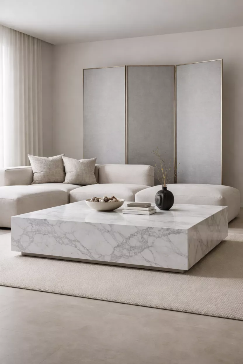 A realistic photo of a minimal living room featuring a massive white marble coffee table and a simple grey silk room screen, emphasizing clean lines and high-end materials.