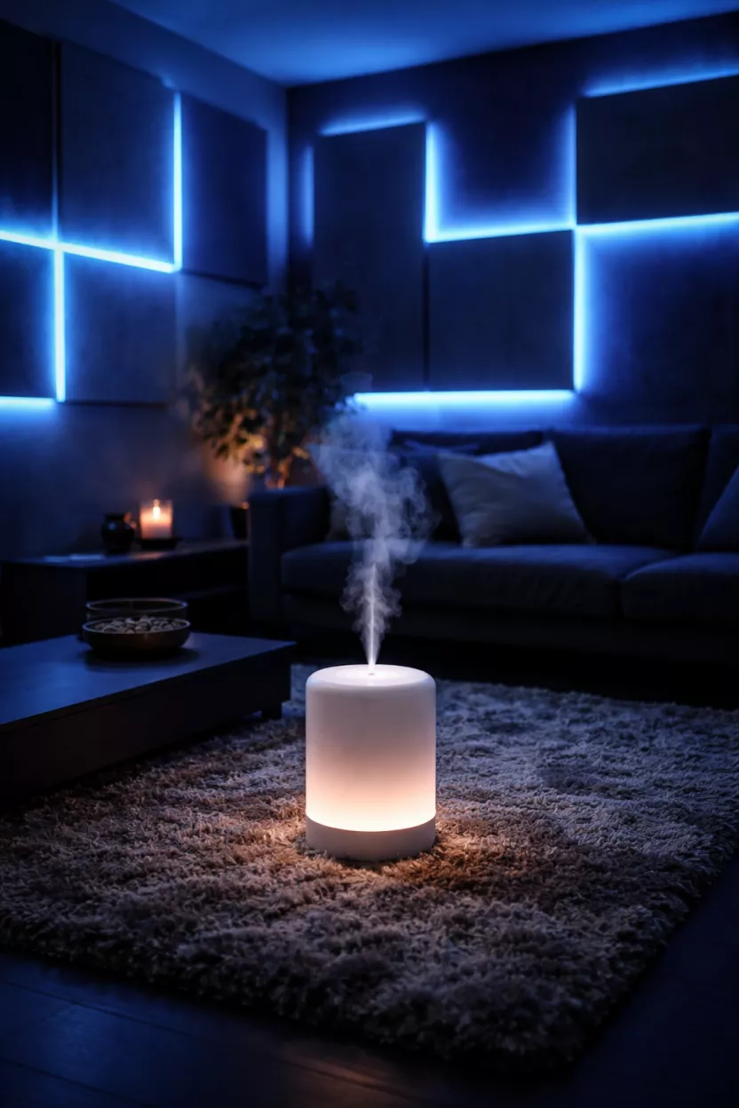 A realistic photo of a dark media room with glowing blue ambient sound panels on the walls and a white scent diffuser emitting a fine mist, featuring a thick grey shag rug.