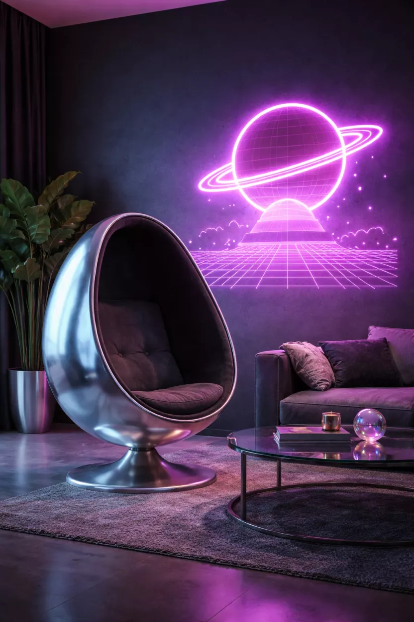 A realistic photo of a lounge area featuring a silver metallic pod chair and a pink neon hologram light sign on a dark grey accent wall, creating a space-age vibe.