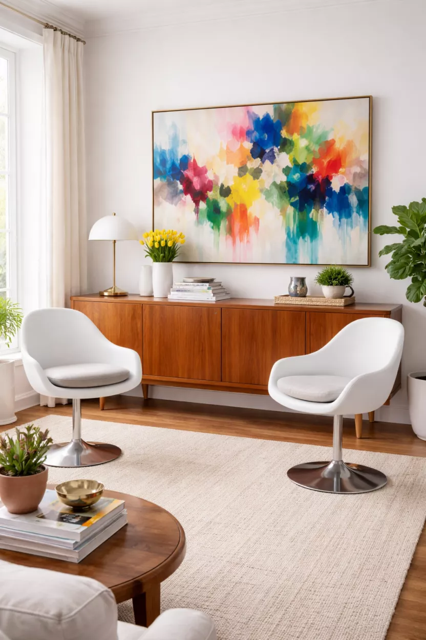 A realistic photo of a bright living room featuring a polished teak wood credenza and two white tulip chairs with chrome bases, styled with a colorful abstract painting on the wall.