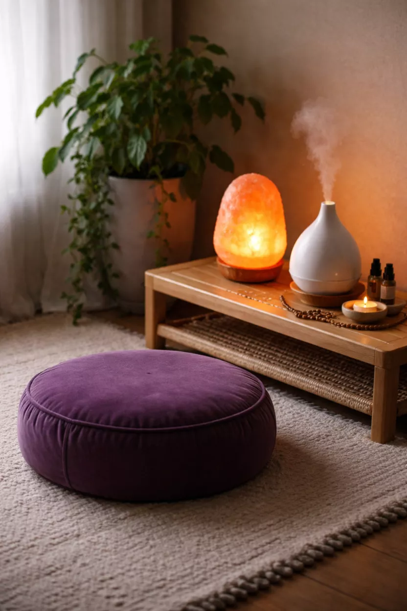 A realistic photo of a quiet corner featuring a round purple velvet meditation cushion, a glowing orange salt lamp, and a white ceramic aromatherapy diffuser on a low wooden table.