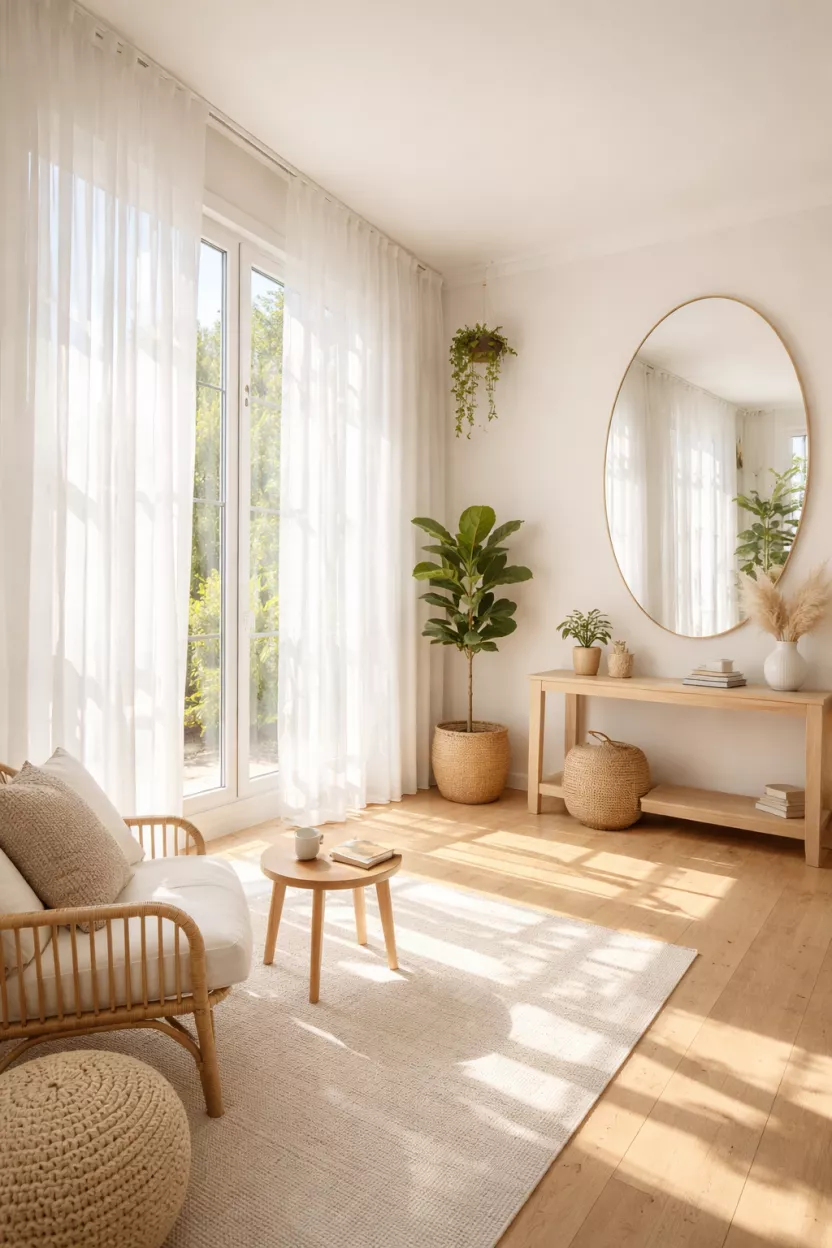 A realistic photo of a bright sunroom with large windows covered in white sheer layered curtains, featuring a large oval wall mirror that reflects the incoming sunlight onto a light wood floor.