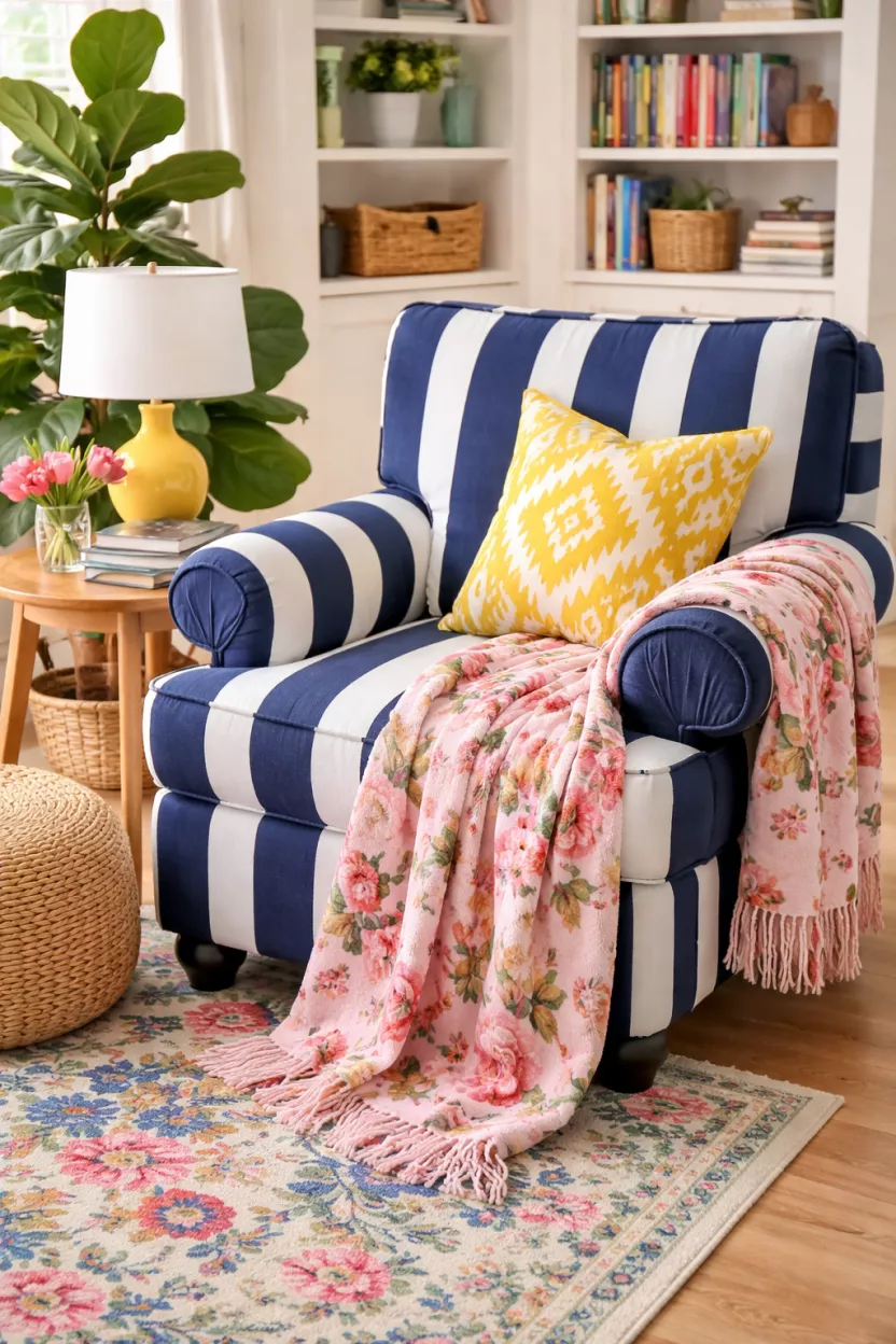 A realistic photo of a colorful reading nook with a navy striped armchair and a pink floral throw blanket, accented by a yellow ikat patterned pillow on a light wood floor.