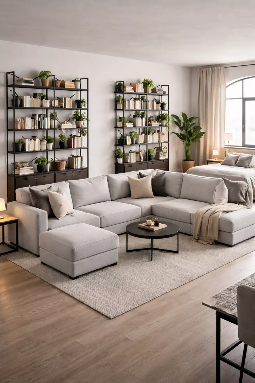 A realistic photo of a studio apartment with a light grey modular sectional sofa that can be rearranged, accompanied by black metal wall shelving units filled with books and plants.