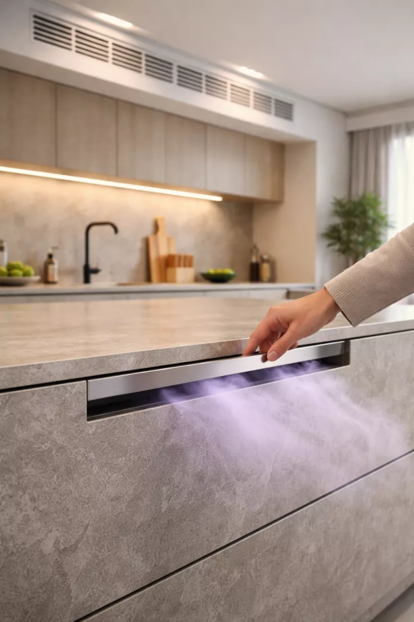 A realistic photo of a modern kitchen island with textured stone surfaces, a person is touching a sleek metal handle that releases a faint lavender mist, the background shows a quiet kitchen with integrated air purification vents near the ceiling.