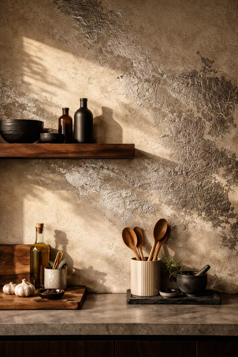 A realistic photo of a kitchen wall featuring a combination of rough sandy limewash and smooth metallic silver foil accents, the light hits the uneven surface to create deep shadows and highlights next to a dark wood shelf.