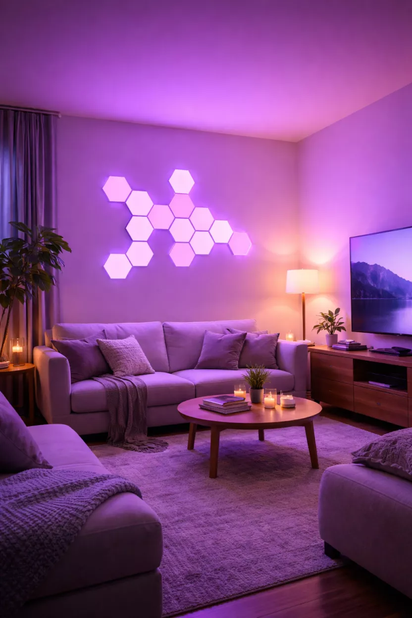 A realistic photo of a living room with smart color panels that glow in a soft purple light.