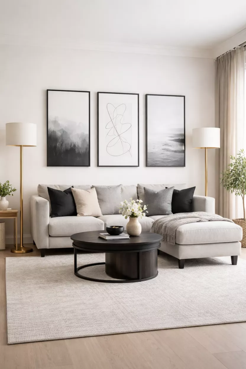 A realistic photo of a living room with brushed gold floor lamps and matte black picture frames.
