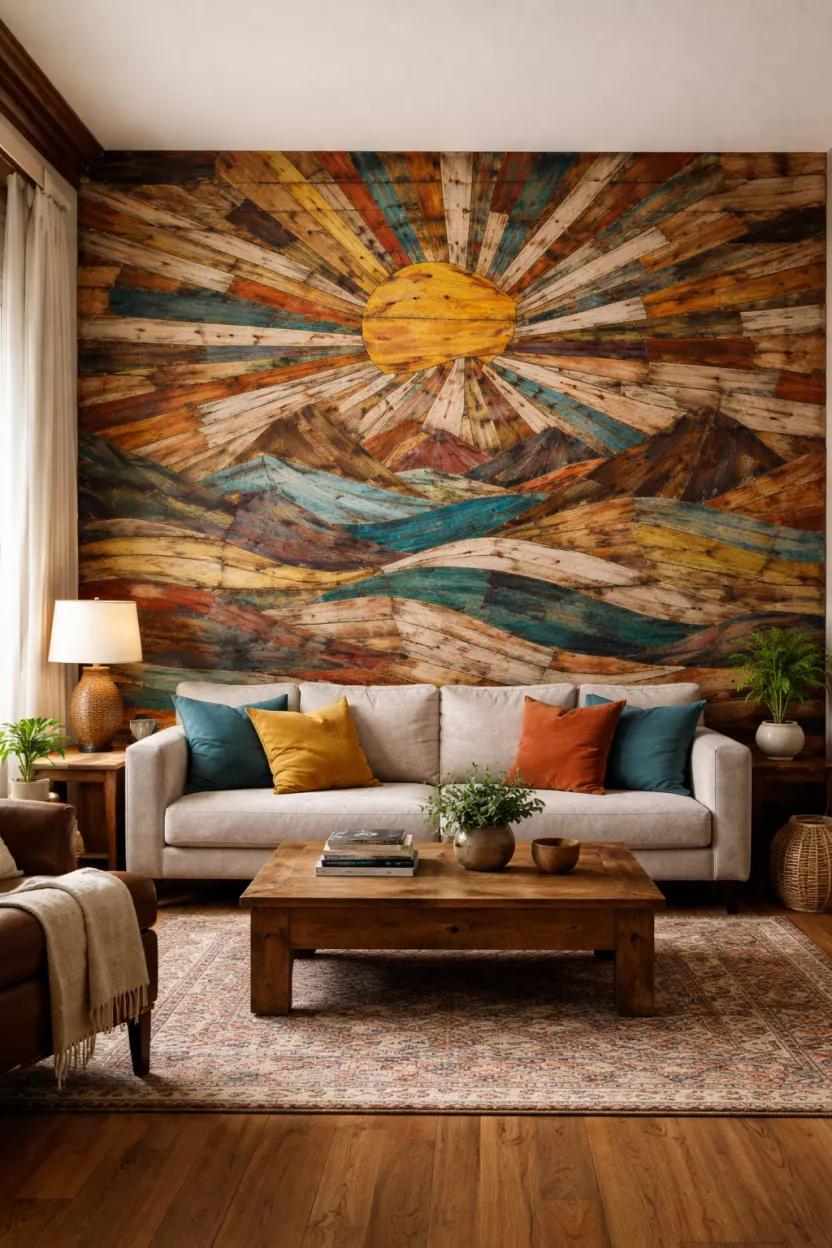 A realistic photo of a living room wall featuring a large colorful mural made from upcycled wood pieces.